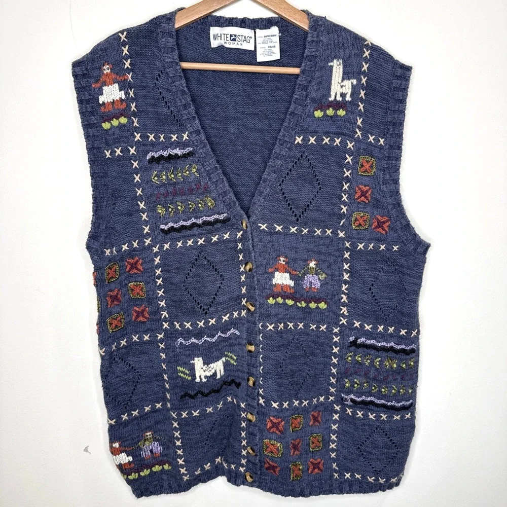 Vintage 90s Embroidered Knit Vest Womens 26W Blue Ramie Lama Art to Wear Cottage